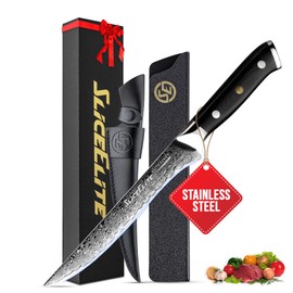 Elite Series Damascus Fillet Knife | Carbon Fiber & G10 Handles Option | Fish Fillet with Dual Sheaths | Damascus Kitchen Knives for Meat (5.5-Inch Fillet Knife (G10 Handle))