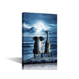 Elephant and Giraffe Sit on a Seaside Stool Blue Ocean Wall Art Painting Print On Canvas Animal Pictures for Home Decor Decoration Stretched and Frame Ready to Hang 8x12inch (20x30cm)