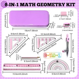 Maths Set, Geometry Sets - Protractor and Compass Set Square with Eraser Pencil Sharpener Ruler Math Geometry Tool Set, Drawing Compass Math Geometry Kit Back to School Stationery Set for Girls (Pink)