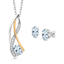 Gem Stone King 925 Silver and 10K Yellow Gold Oval 6X4MM Gemstone Birthstone and Lab Grown Diamond Pendant Necklace Earrings Set for Women with 18 Inch Chain