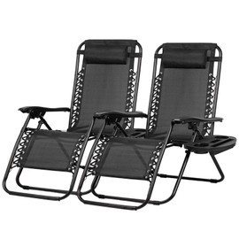 Nazhura Set of 2 Relaxing Recliners Patio Chairs Adjustable Steel Mesh Zero Gravity Lounge Chair Beach Chairs with Pillow and Cup Holder Black