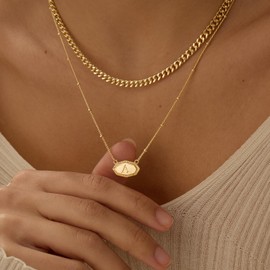 Layered Initial Necklaces for Women 14K Gold Plated Letter Necklace Chunky Gold Cuban Link Chain Necklace Dainty Octagon Initial Pendant Necklaces for Women Trendy Gold Jewelry Gift
