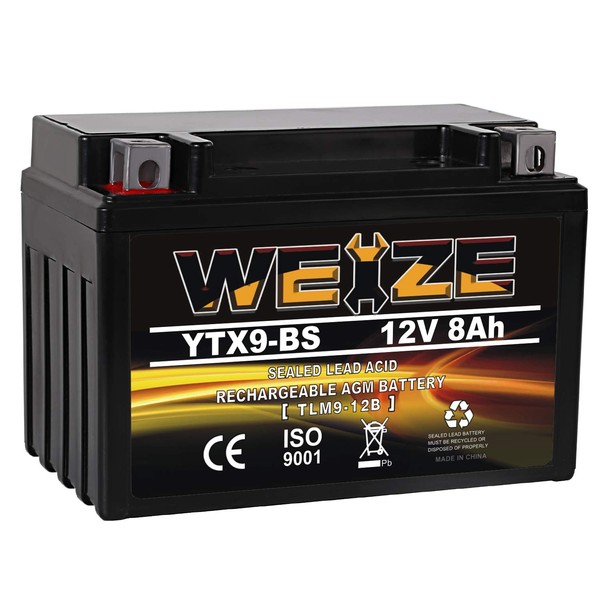 Weize YTX9-BS LEAD-ACID Battery Maintenance Free For Motorcycle ATV Compatible with Honda TRX 400EX Sportrax Fourtrax GSXR600 LTZ250 ZX600, Polaris Predator 500,Suzuki GSX-R600 ETX9 BS Batteries