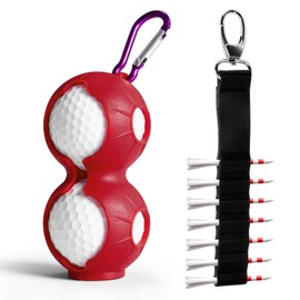 Golf Ball Holder Silicone and Tees Holder Leather Value 2 Pack Set with 7 USA Flag Tee 3 1/4 Inch, Attachable to Golf Carry Bag Belt Gifts Accessories (Red Ball Bag&Tee Holder)