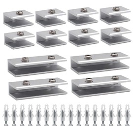 SUpoetry Pack of 12 Glass Clamps, Stainless Steel Glass Holder, Aluminium, Adjustable Glass Bracket, Glass Holder 6 to 8 mm, Sturdy Shelf Brackets for Glass and Wooden Floors