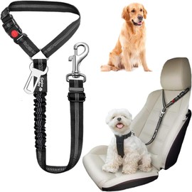 Dog Seat Belts For Cars Uk, Adjustable Safety Elastic Lead Harness for Cars，Anti Shock Elasticated Cushioned Leash Durable and Heavy Duty(Black)