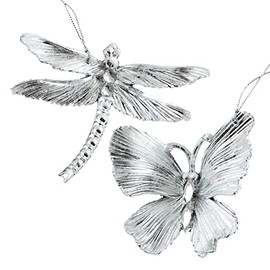 CF Collection Butterfly and Dragonfly Christmas Tree Ornaments [Set of 2] 4 Inches (Shiny Silver)