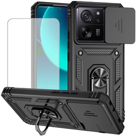 Yodueiv for Xiaomi 13T Case, Xiaomi 13T Pro/Redmi K60 Ultra Case with Tempered Glass Screen Protector and Slide Camera Cover, Magnetic Ring Car Mount Holder Protective Cover for Xiaomi 13T Black
