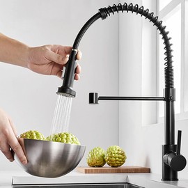 Kitchen Faucet Spring 360° Pull Down Sprayer Hot Cold Water Mixer Tap Deck Mounted Dual Spout Nozzle Faucets (Black)