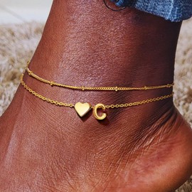M MOOHAM Ankle Bracelets for Women - Gold Initial Anklets for Women Dainty Layered Heart Letter C Ankle Bracelets Adjustable Foot Chain Anklet Waterproof Summer Beach Gold Jewelry Gifts