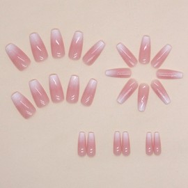 CurvLife Curvlife Bling Coffin Press on Nails Short Square Acrylic Fake Nails with Apricot Design Full Cover False Nails Glossy Gradient Artificial Stick on Nails for Women 24Pcs (Gradient Nude White)