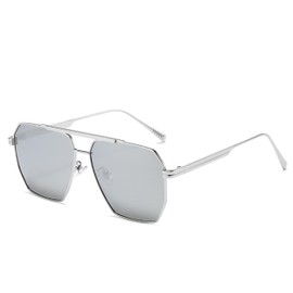WDZAYXC Polarised Metal Frame Polygon Sunglasses for Men and Women, UV Protection, Silver/silver