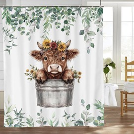 Yibuda Highland Cow Shower Curtain Cattle Green Leaf Shower Curtain Waterproof Fabric Country Home Bathroom Decor Curtain with Hooks 60"x72"
