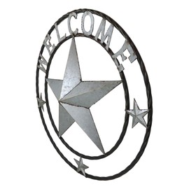 Ebros Gift Oversized 24" Diameter Vintage Rustic Western Large Lone Star Welcome With Triple Mini Stars Galvanized Metal Wall Circle Sign Decor Plaque 3D Art Country Farmhouse Accent