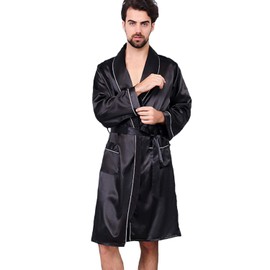 Haseil Men's Satin Kimono Robe Spring Summer Shawl Collar Sleepwear Classic Silk Bathrobes, Black1,Tagsize3XL=USsizeL