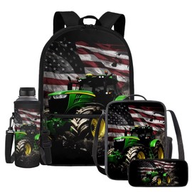 HUIACONG Truck Backpack for Boys 6-8/8-10 American Flag Backpack with Lunch Box Kids Bookbag 1St Grade 2Nd Grade Lunch Bag Water Bottle Holder