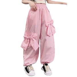 Ecolala Girls Bow Wide Leg Cargo Pants Elastic Waist Hip Hop Pants with Pocket Pink 7-8Y