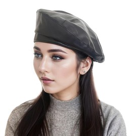 AICHUAN PU Leather French Beret Hat, 6 Panel Newsboy Cabbie Beanie Cap Cute Artist Painter Hat for Women Black