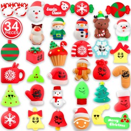 VNAMO Christmas Squishy Toys, 34 PCS Squishies Christmas Party Favors for Kids Boys Girls, Mochi Kawaii Squishy Stress Reliever Anxiety Toys, Classroom Prize Bulk Gifts for Christmas Treat Goody Bags