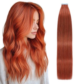 Tape in Hair Extensions Human Hair 16 Inch Copper Red 20pcs 50g/pack Straight Seamless Weft Skin Invisible Thick Human Hair Tape in Extensions (#350, 16 Inch)