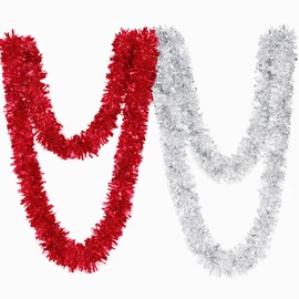 BLEUM CADE 2Pcs 65.6Ft Christmas Tinsel Garland, Silver and Red Tinsel Garland for Xmas Tree Decorations Holiday Birthday Wedding Party Supplies
