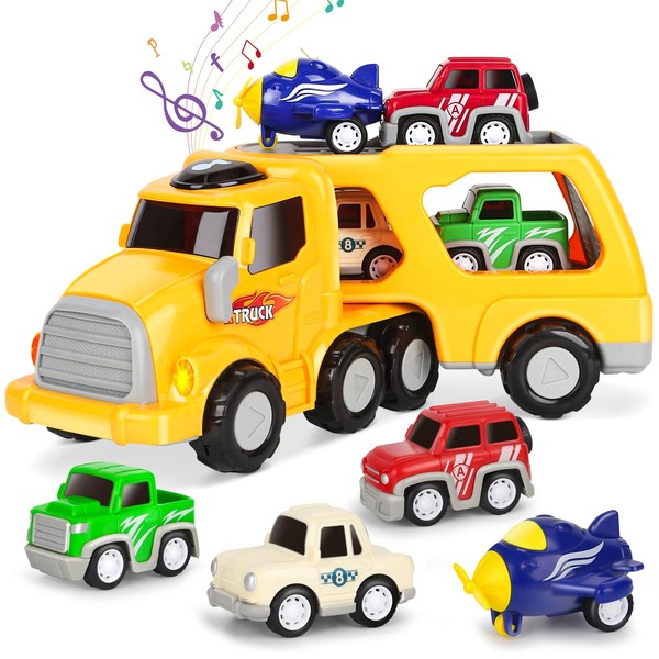 Aoskie Toy Cars for 3 4 5 Year Boys, Car Transporter Toy, Carrier Truck with 4 Pull Back Car Toys, Vehicle Playset Gift for Toddlers Girls Age 3-5 Birthday Gift Christmas Party Favors