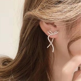 Inateannal Vintage Crystal Bow Earrings Rhinestone Bow Drop Earrings Long CZ Rhinestone Earrings Silver Bow CZ Stud Earrings Jewellery for Women and Girls