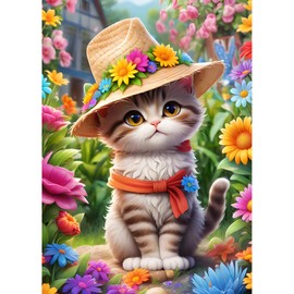 DPHERO DIY Cat in a Hat Diamond Painting Kits for Adults,5D Kitten Diamond Art Kits for Beginners,Round Full Drill Flowers Diamond Painting Art,DIY Painting by Numbers Diamond Art Painting 12x16 inch
