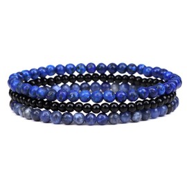 JENCVNL 3 Pcs Gemstone Stone Bracelet 4mm Natural Gemstone Bead Bracelet Crystal Bracelet Set Handmade Womens Mens 4mm Gemstone Bracelet Elastic Natural Beaded Bracelet for Men Women (Blue)