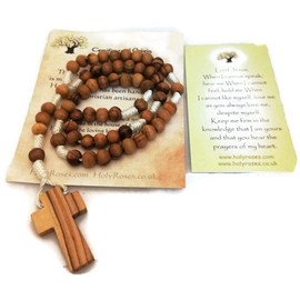 HolyRoses | Natural Olive Wood Rope Catholic Rosary with Cross | 7 mm Beads | White Twine | from Bethlehem, Holyland | Certificate of Origin & Prayer Card (White)