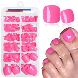 LuckForever 168pc Press on Toenails Women Fake Toe Nails with Glue Tabs, Hot Pink Fake Toenails Press-on Nail Short Square Acrylic Toes Nails Tips False Toenail Artificial Toe Nail Press on