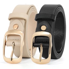 WHIPPY Women Plus Size Leather Belt Fashion Cowhide Belt with Fixed Pin Buckle for Jeans Pants Dress, I-Black + Beige (Gold Buckle)