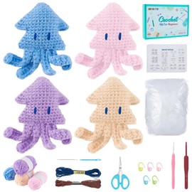 FREEBLOSS 4 Set Crochet Squid Kit Crochet Squid Keychain Kit Crochet Kit for Beginners Squid Crochet Starter Kit for Adults Crochet Kit with Video Tutorial Crochet Kits for Adults Beginner