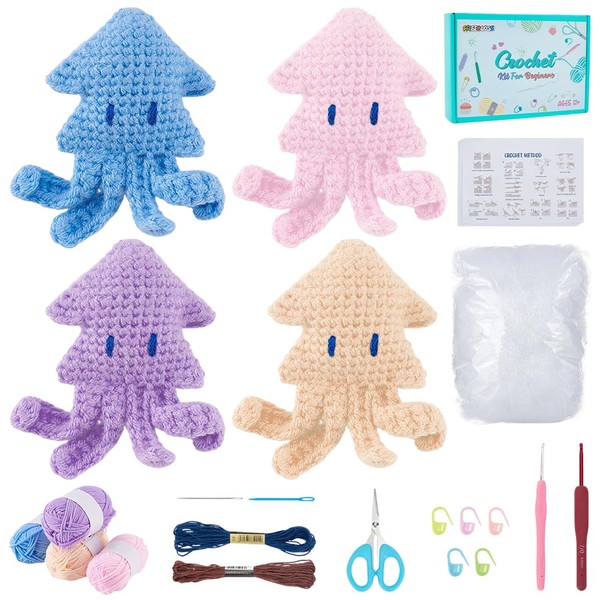 FREEBLOSS 4 Set Crochet Squid Kit Crochet Squid Keychain Kit