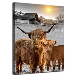 Highland Cow Wall Art Canvas Print Cow Picture Farmhouse Wall Decor Longhorn Cattle Animal Painting Stretched and Framed 16x20inch