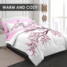 Pamnest Comforter Set Full Size, Japanese Cherry Blossom 7 Pcs Bedding for Kids and Adults, Flower Painting Pink Bed Sheet Sets with Fitted Sheet 2 Pillowcase & 2 Sham for Bedroom Bed Decor