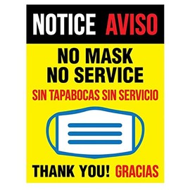 Bilingual No Mask No Service Store Sign - English Spanish Wear a Face Mask Door Decal - 8.5â x 11â Removable Vinyl Decal (5 per pack)