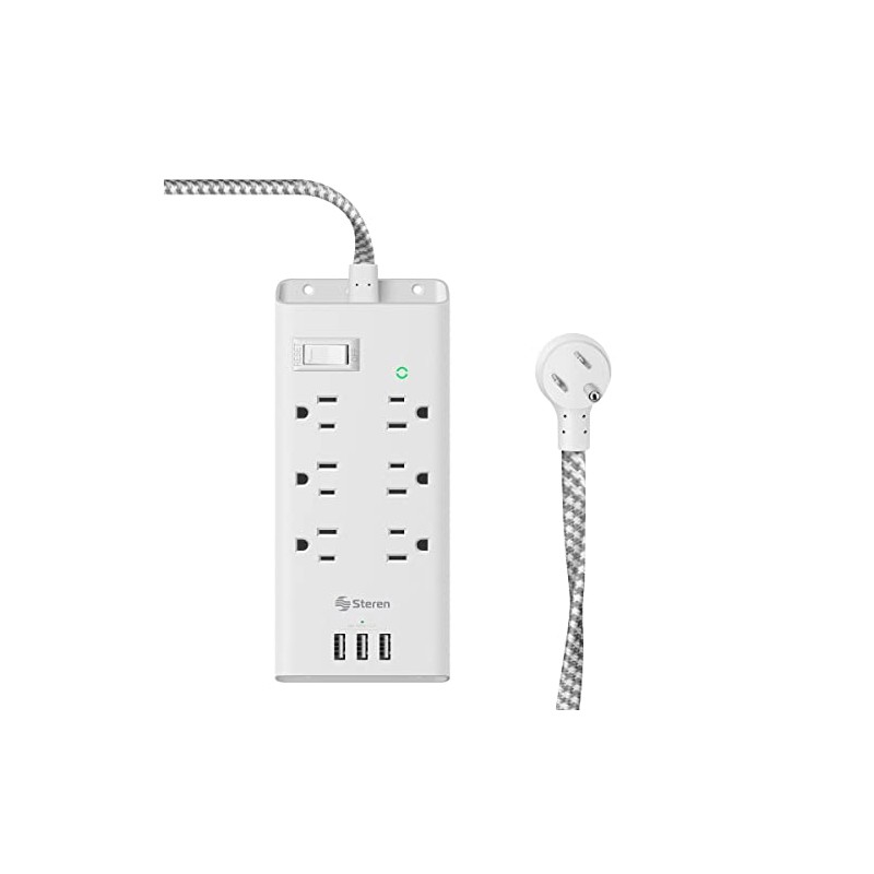 STEREN Multicontacto de 6 Salidas horizontales y Triple Cargador USB