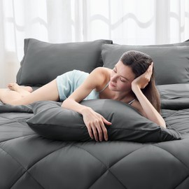 7 Pieces California King Comforter Set, All Season Oversized King Bed in a Bag, Down Alternative Bedding Sets with Cali Comforter, Flat Sheet, Fitted Sheet, Pillowcases & Pillow Shams, Dark Grey