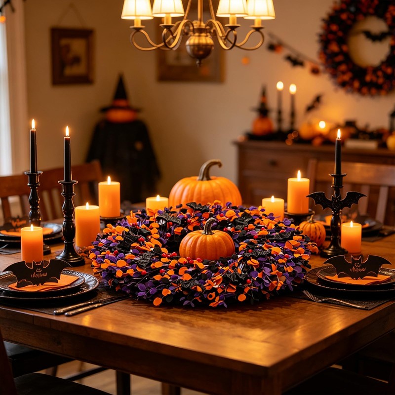 Boxwood Halloween Wreaths ，20 Inch Black Purple Orange with Bats