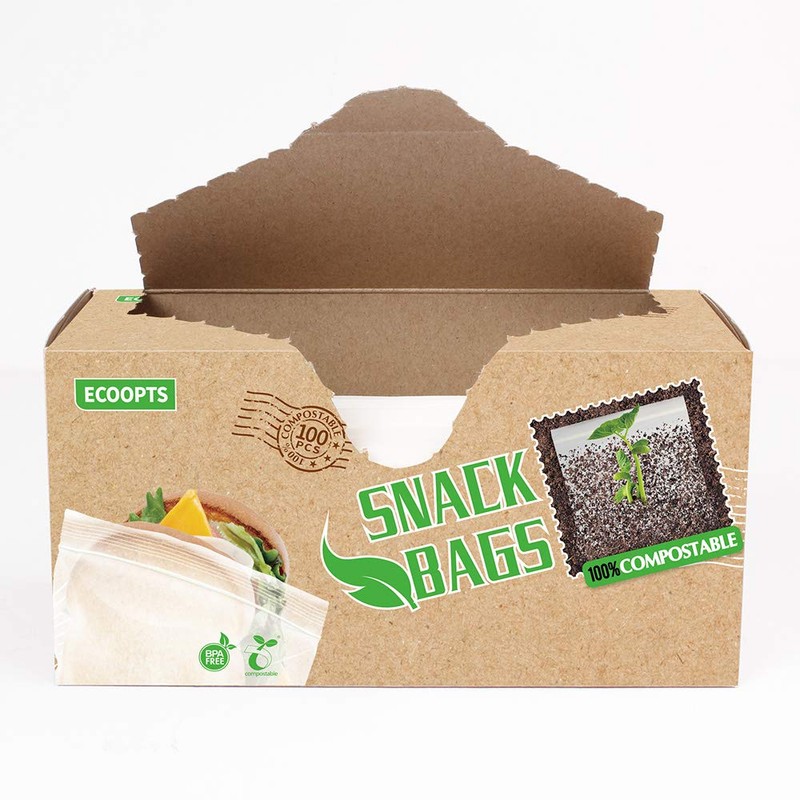100 PCS ECOOPTS Food Storage Snack Bags 100% Compostable Ziplock
