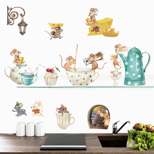 decalmile Wall Stickers Kitchen Coffee Wall Stickers Mouse Coffee Cup Wall Decoration Fridge Kitchen Dining Room Bar