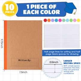 Henoyso 10 Pcs Primary Composition Notebook for Kids 9.75 x 7.5 Inch K-2 Primary Journal Writing Journal with Rainbow Spine 60 Pages Draw and White Journal for Student School Supplies (Stylish Color)