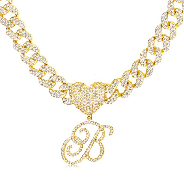 Krfy Cursive Gold Initial Pendant Necklace Iced Out Miami Cuban