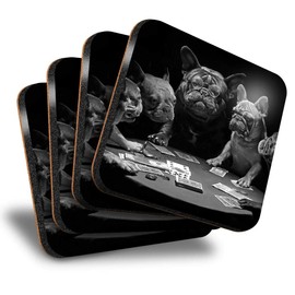 Destination Vinyl ltd Great Coasters (Set of 4) Square - BW - French Bulldogs Playing Cards Dog Drink Glossy Coasters/Tabletop Protection for Any Table Type #42897