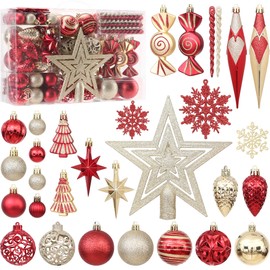 Sea Team 130-Pack Assorted Shatterproof Plastic Christmas Ball Ornaments Set, Decorative Baubles, Pendants, Decorations with Tree Topper Star for Xmas Tree, Wreath, Garland（Red & Gold）