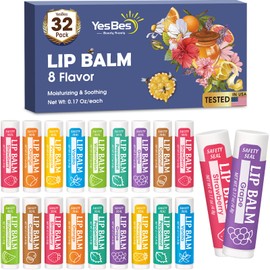 YesBes 32 Pack Lip Balm, Natural Lip Balm Bulk with Vitamin E and Coconut Oil, Moisturizing Lip Balms for Dry Cracked Lips, Lip Balms for Stocking Stuffers - 8 Flavors