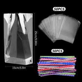 Pack of 50 Clear Cellophane Bags 20 x 30 cm Transparent Cellophane Bags Candy Bags with 50 Twist Bindings Clear Flat Cello Cellophane Bags for Sweet Gift Cupcake Toy Party Favours