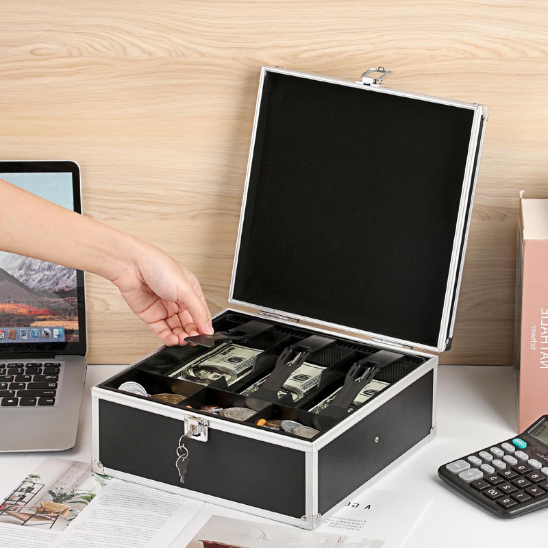 GUSHBIN Locking Cash Box Money Storage Box with Removable Tray