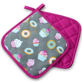 Delindo Lifestyle® Kitchen Pot Holder Cakes Pink 2-Piece PSA Category II Heat Resistant up to 250°C Tested and Certified Product in Germany